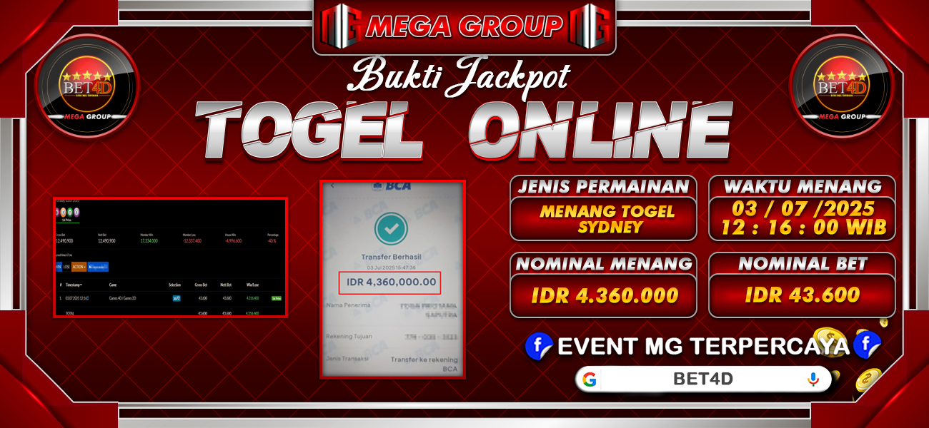 Bukti JP situs Bet4D hari Jumat, 04 Juli 2025